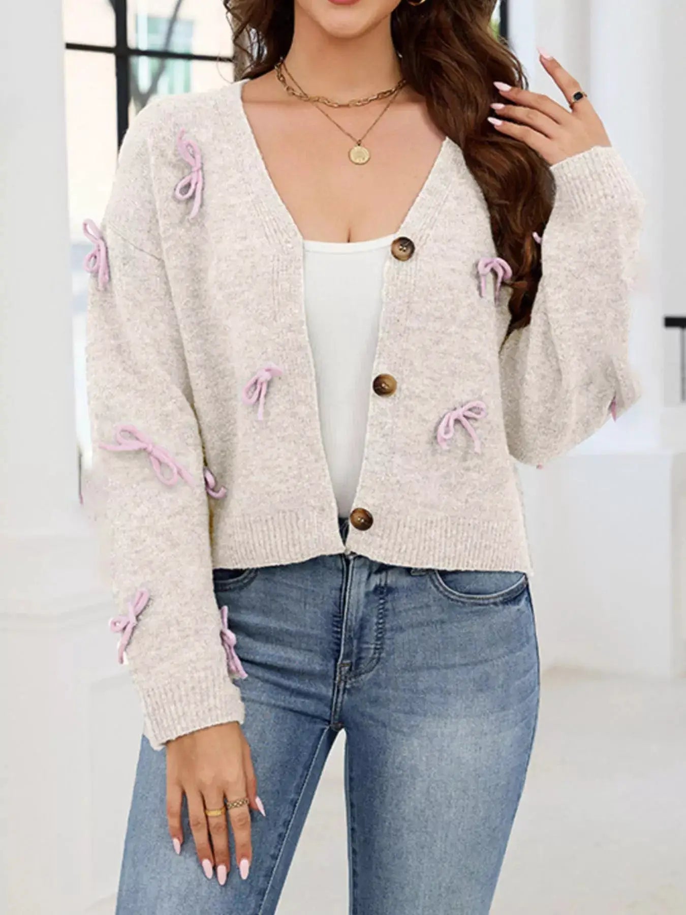 Bow Button Up Cardigan by Trendsi