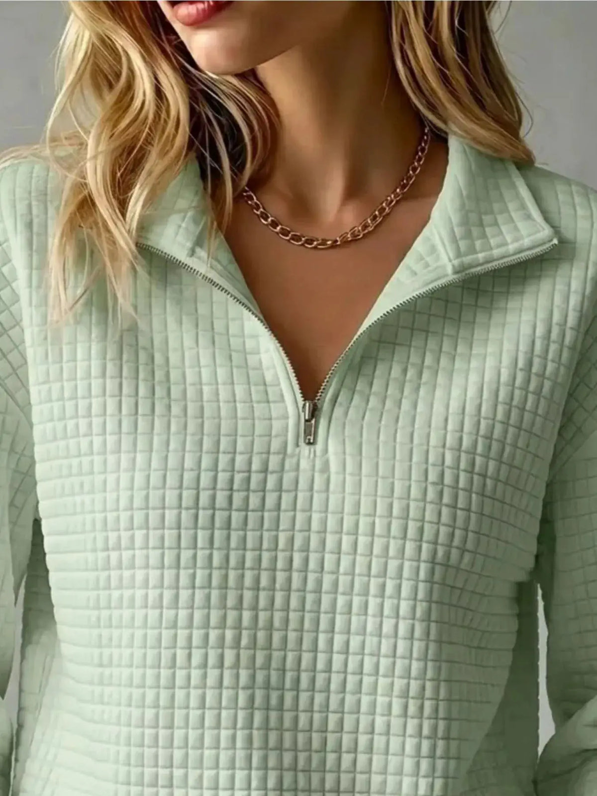 Waffle Knit Quarter-Zip Sweatshirt by Trendsi