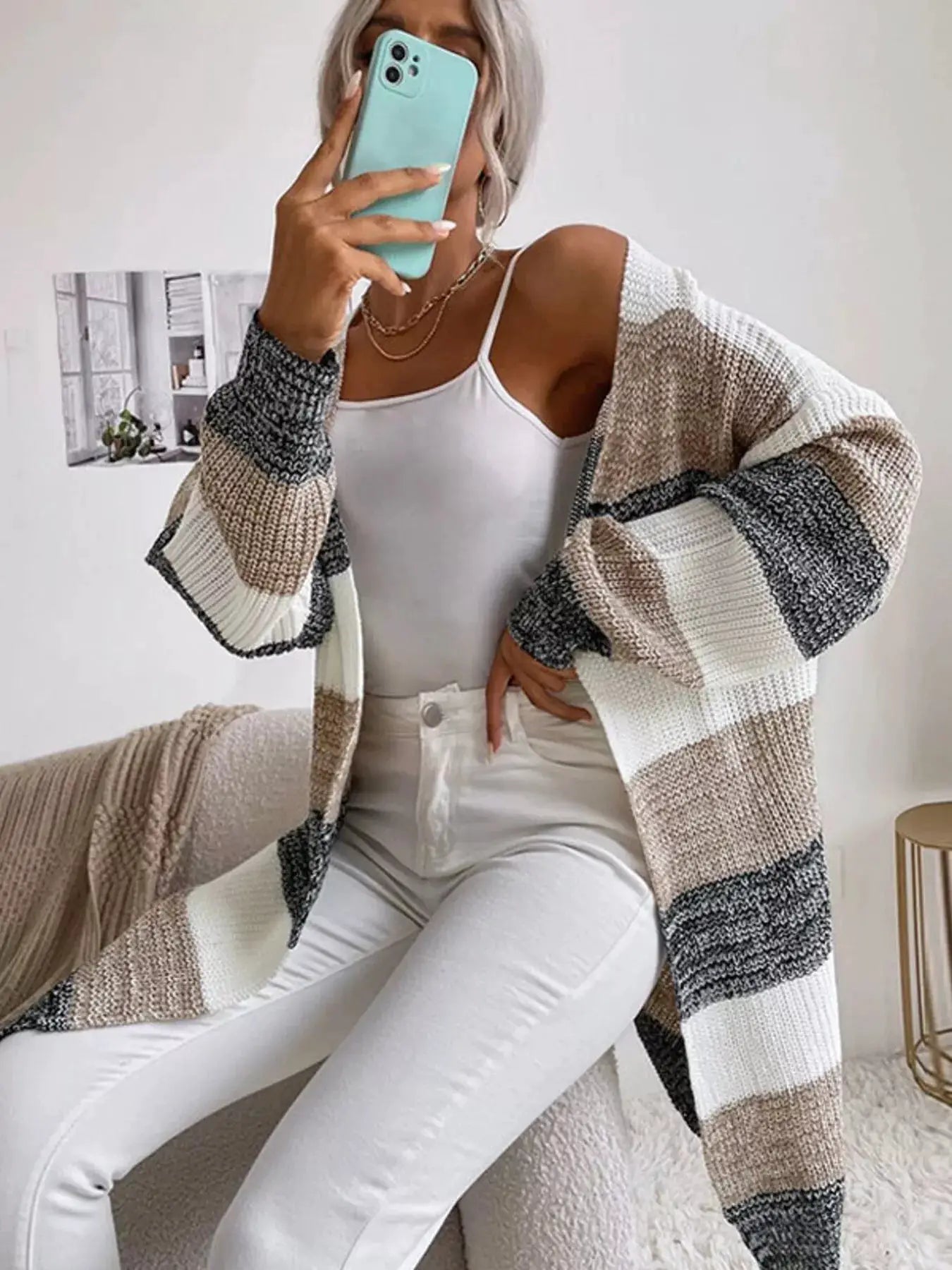 Color Block Striped Open Front Longline Cardigan by Trendsi