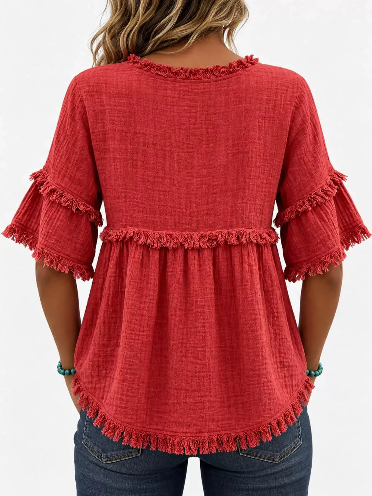 Full Size Frayed Edge Textured Blouse Plus Size by Trendsi
