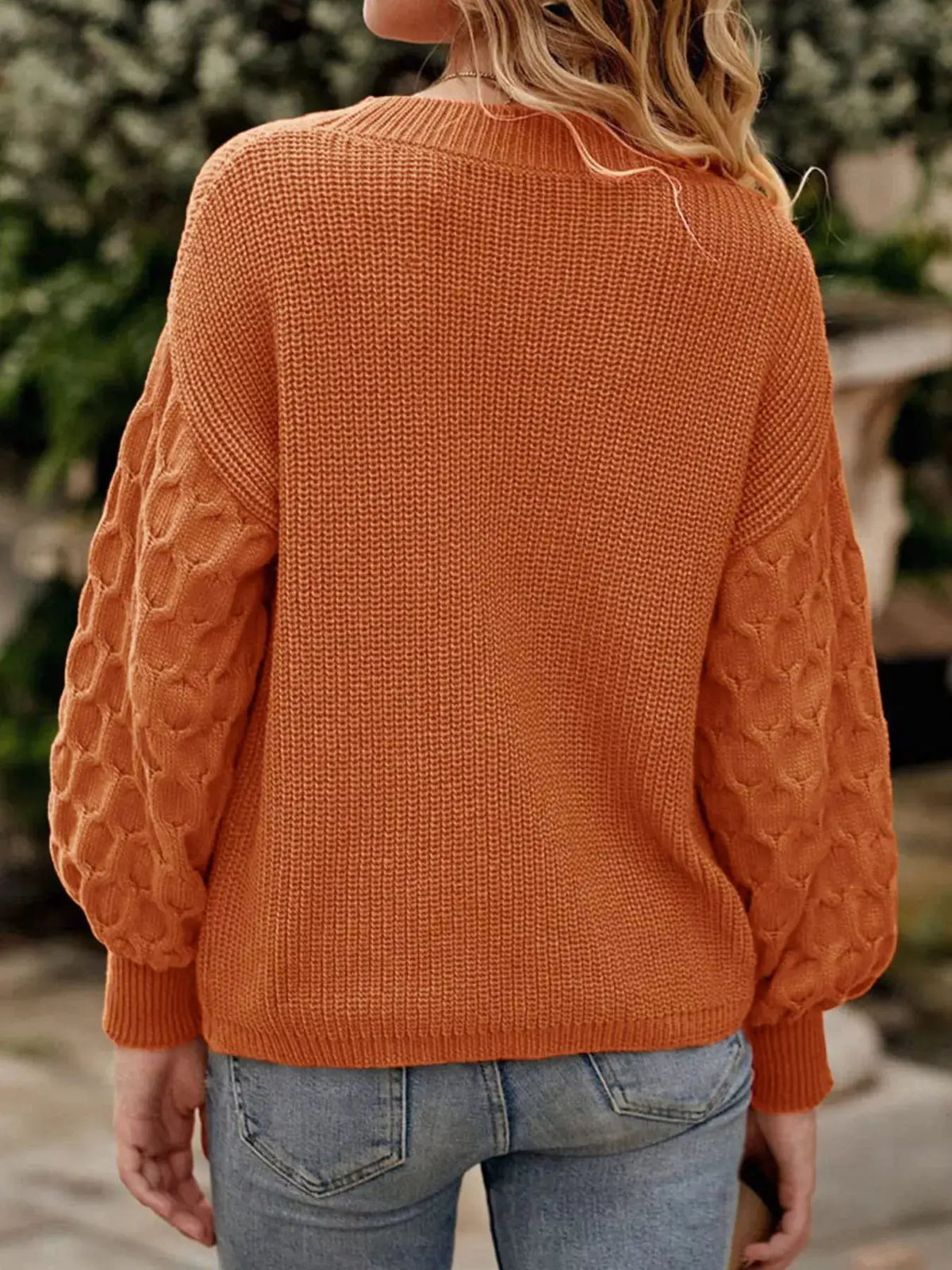 Textured Sleeve Round Neck Sweater by Trendsi