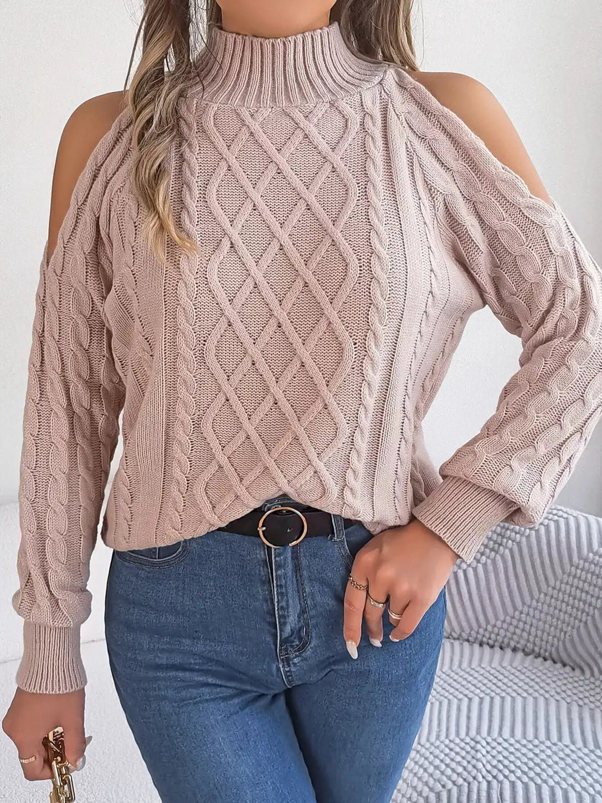 Cold-Shoulder Cable Knit Sweater by Trendsi