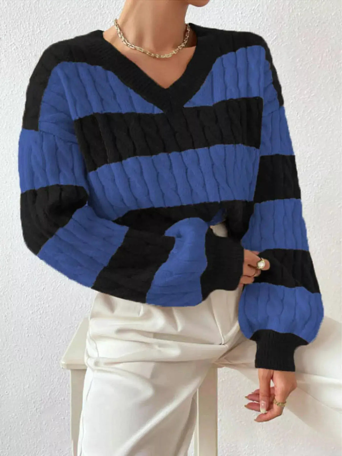 V-Neck Striped Cable Knit Sweater by Trendsi