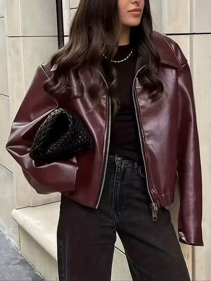 Oversized Faux Leather Zip Up Moto Jacket by Trendsi