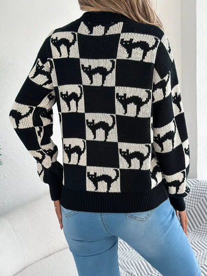 Checkerboard Halloween Graphic Sweater by Trendsi