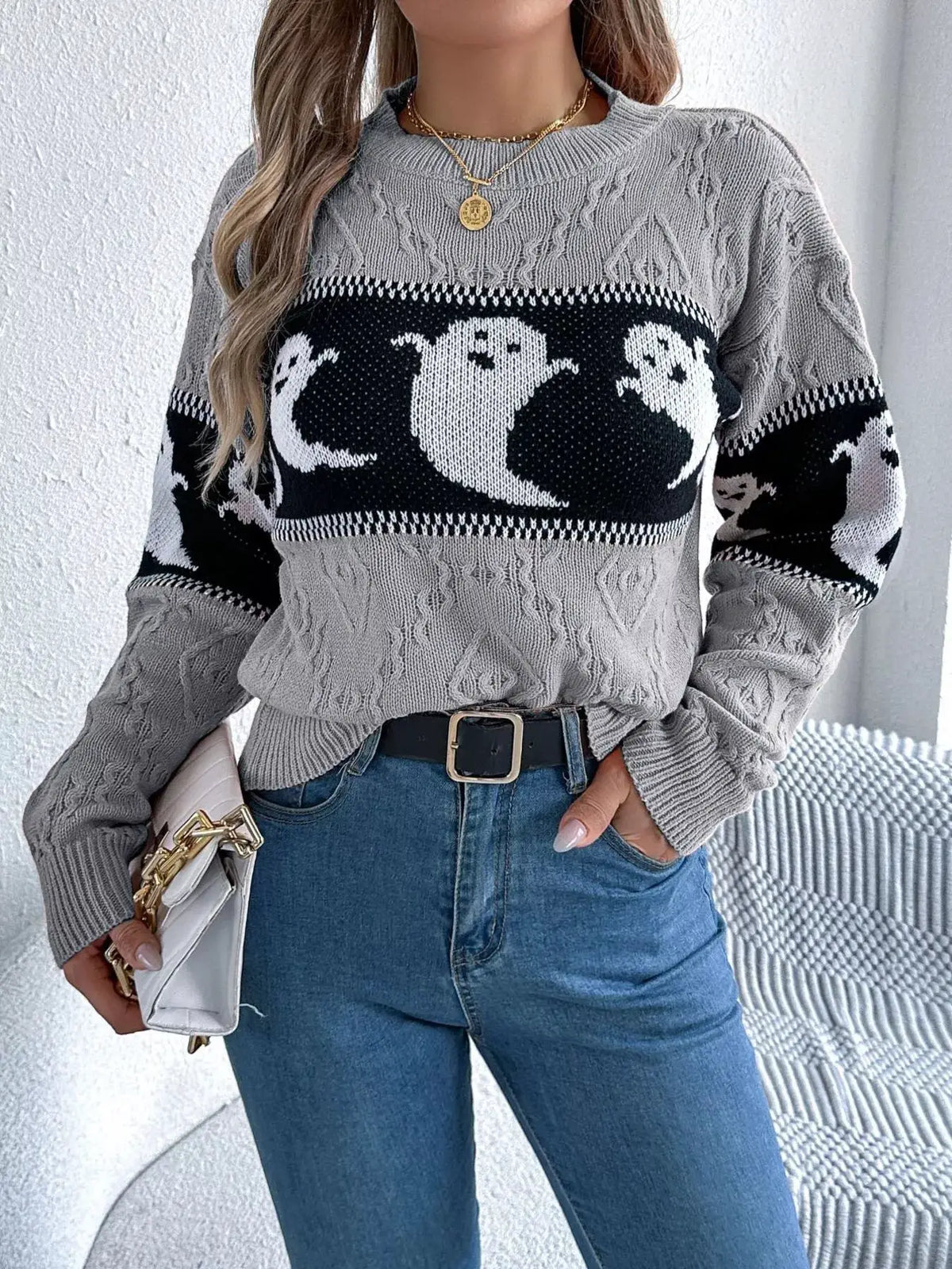 Halloween Ghost Pattern Textured Sweater by Trendsi