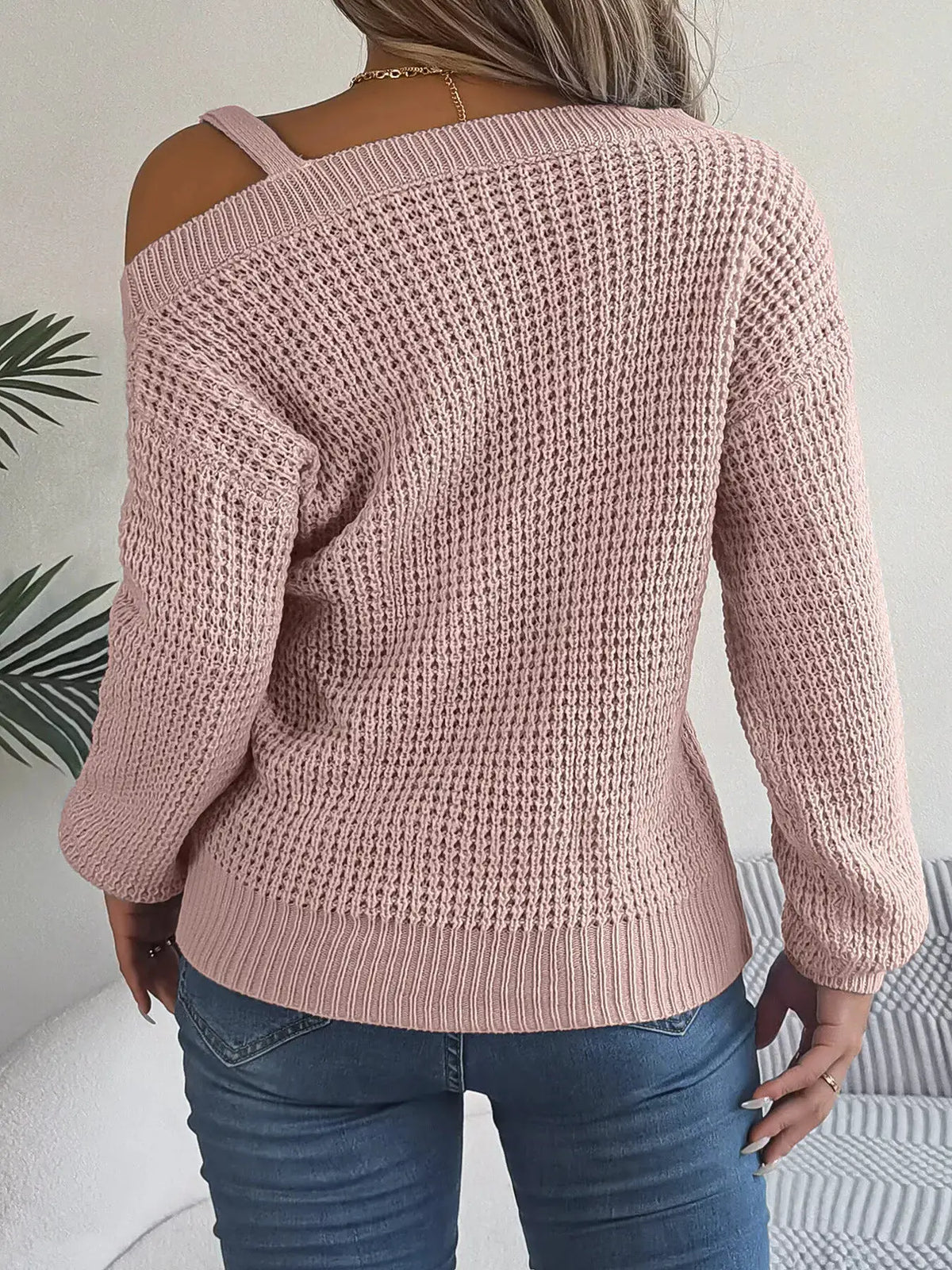 Asymmetrical Neck Long Sleeve Sweater by Trendsi
