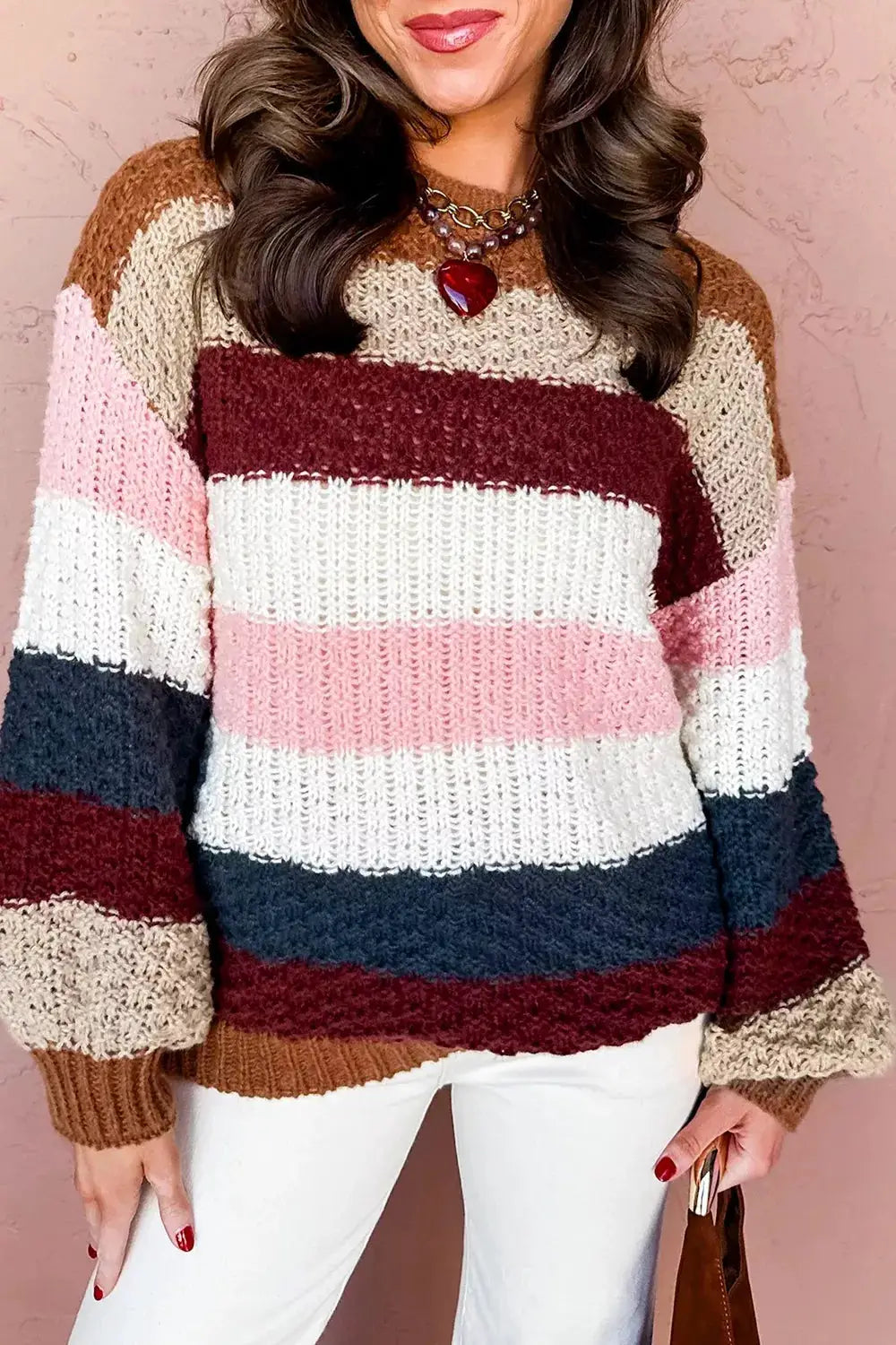 Striped Knit Dropped Shoulder Round Neck Sweater by Trendsi