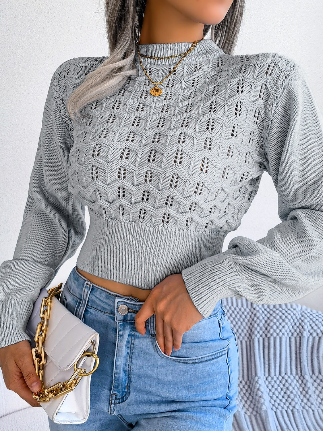 Openwork Mock Neck Long Sleeve Cropped Sweater