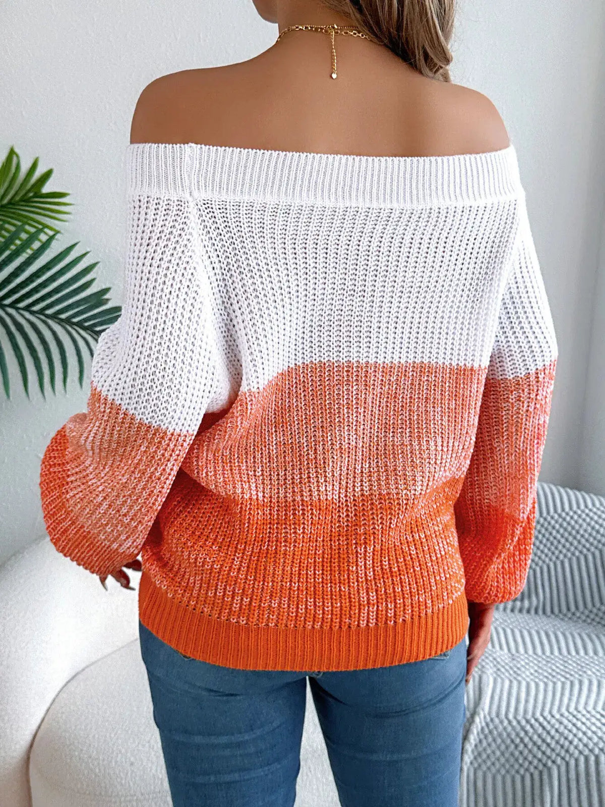 Off-Shoulder Color Block Sweater by Trendsi