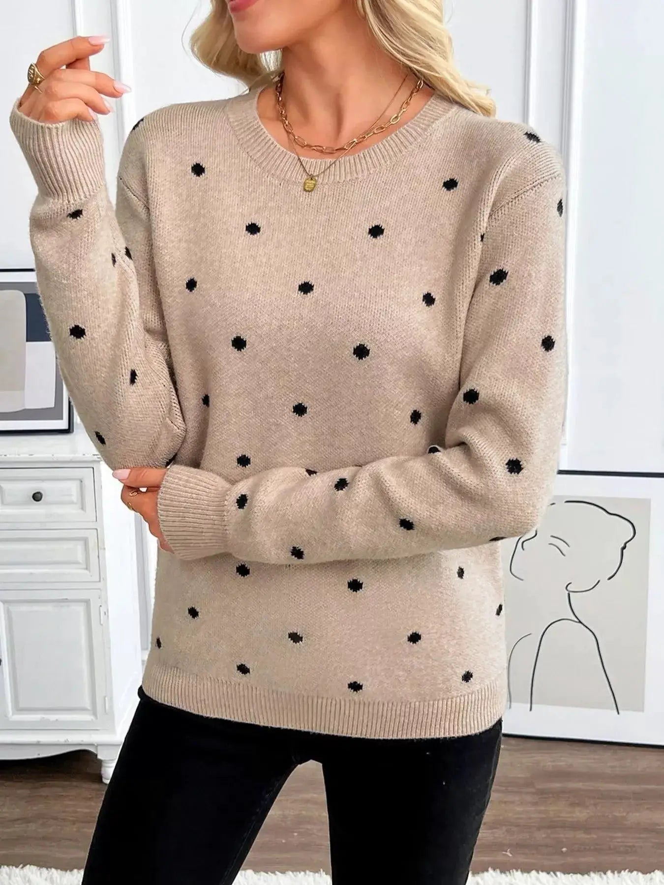 Polka Dot Crew Neck Sweater by Trendsi
