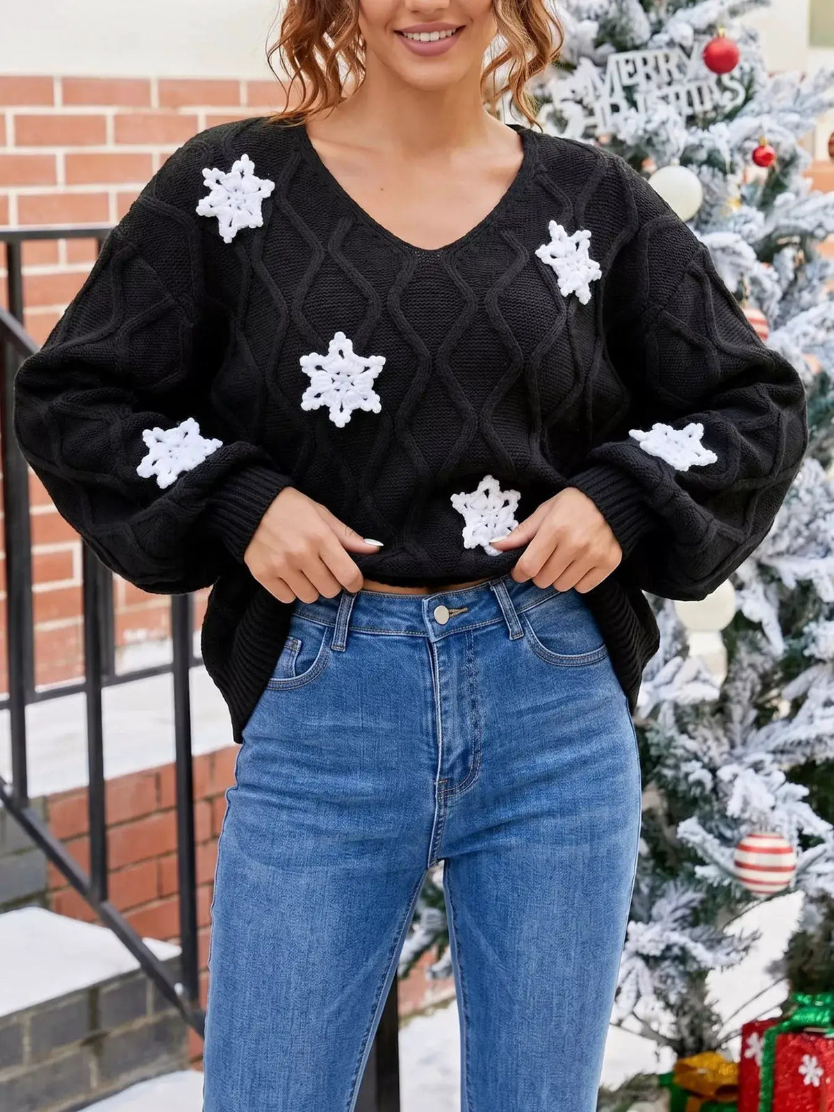 Snowflake Textured V-Neck Sweater by Trendsi