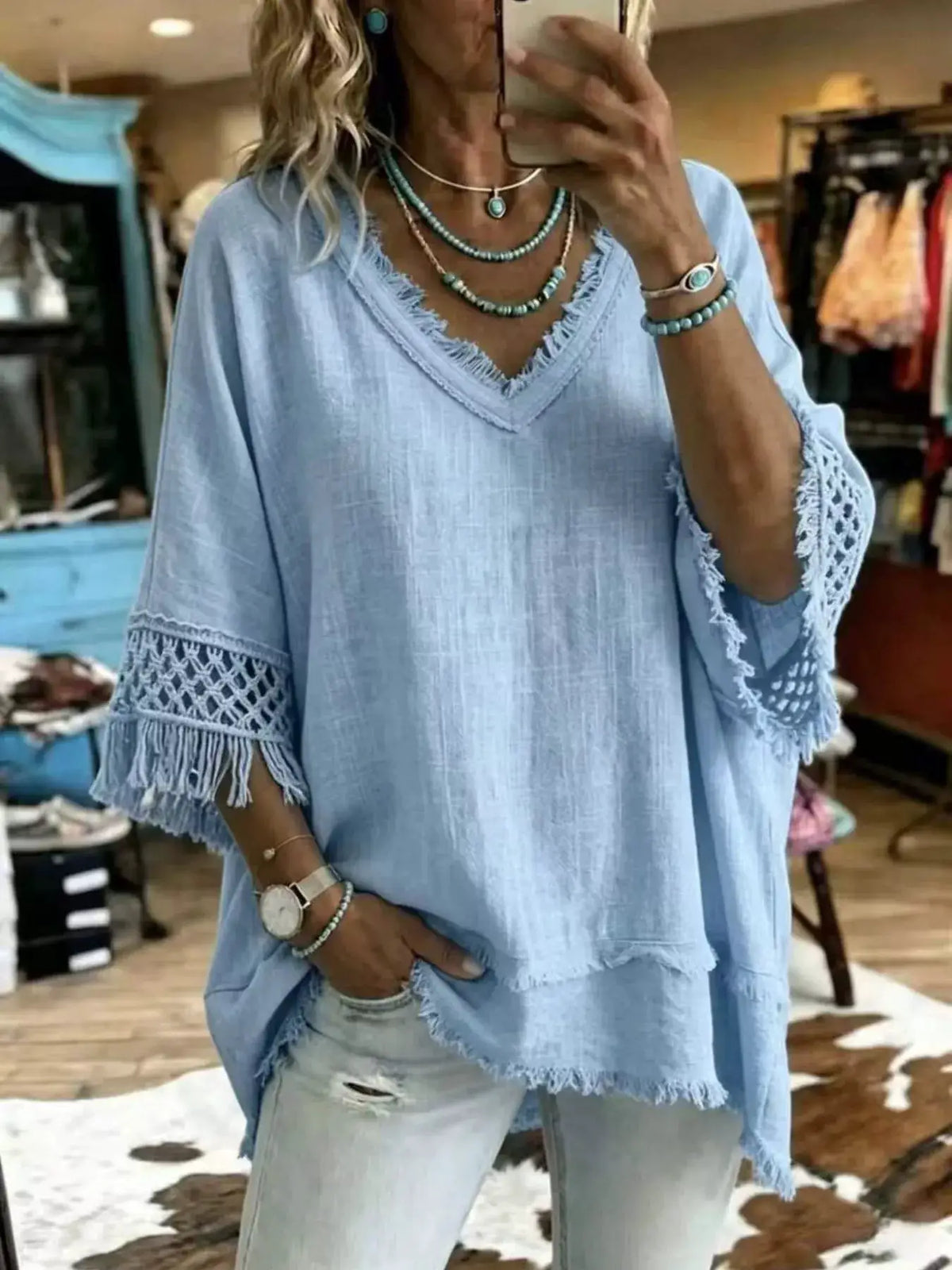Full Size Fringe Trim V-Neck Loose Fit Blouse Plus Size by Trendsi