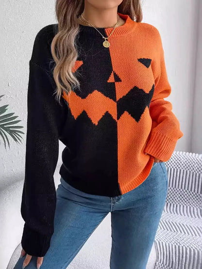 Pumpkin Face Graphic Two Tone Sweater by Trendsi