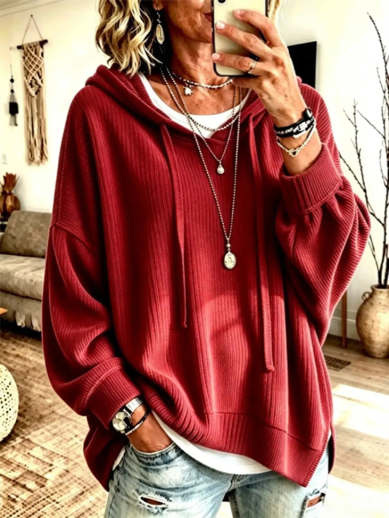 Drawstring Ribbed Knit Hoodie by Trendsi