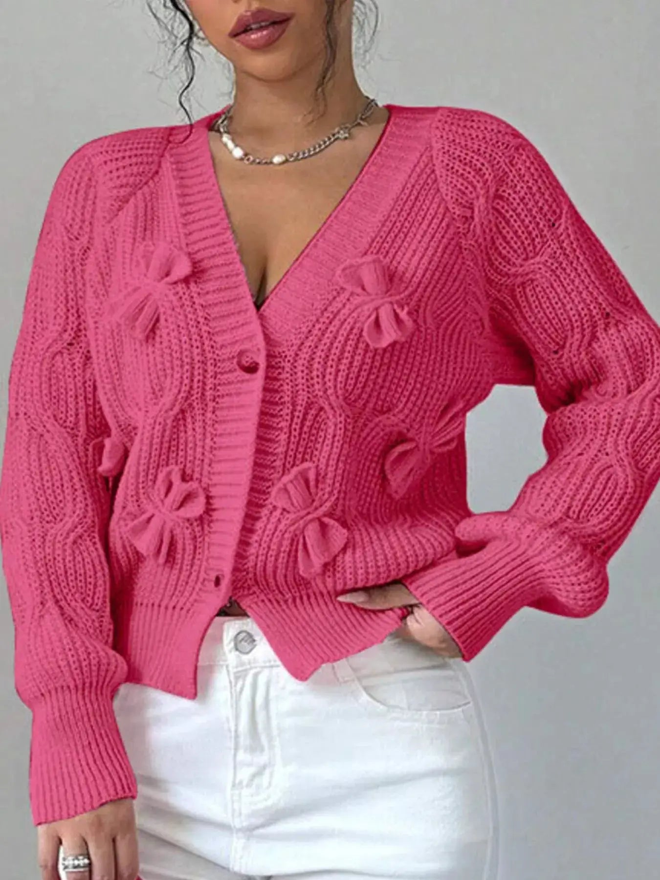 Bow Cable Knit V-Neck Cardigan by Trendsi