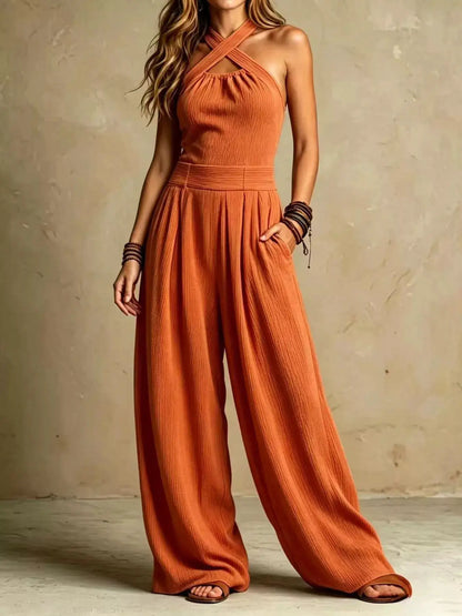 Full Size Halter Neck Wide-Leg Jumpsuit Plus Size by Trendsi