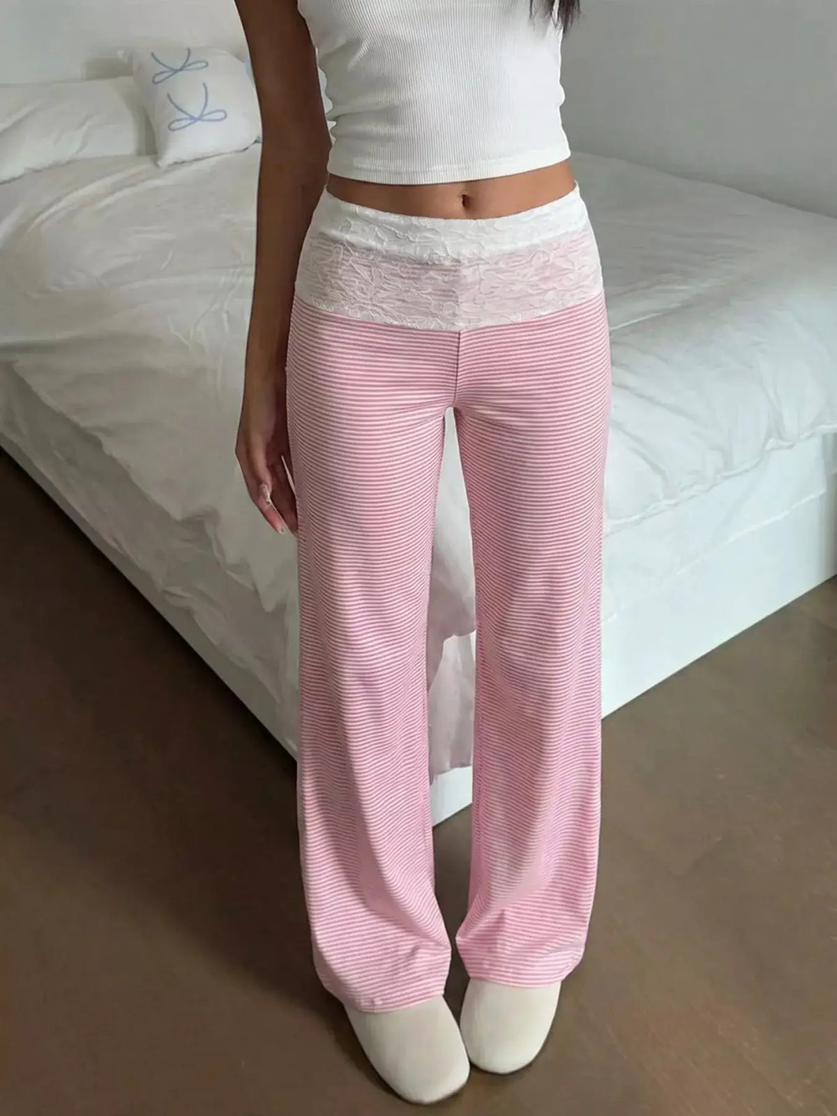 Lace Detail Striped Pants by Trendsi