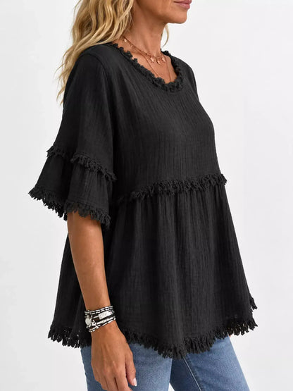 Full Size Frayed Edge Textured Blouse Plus Size by Trendsi
