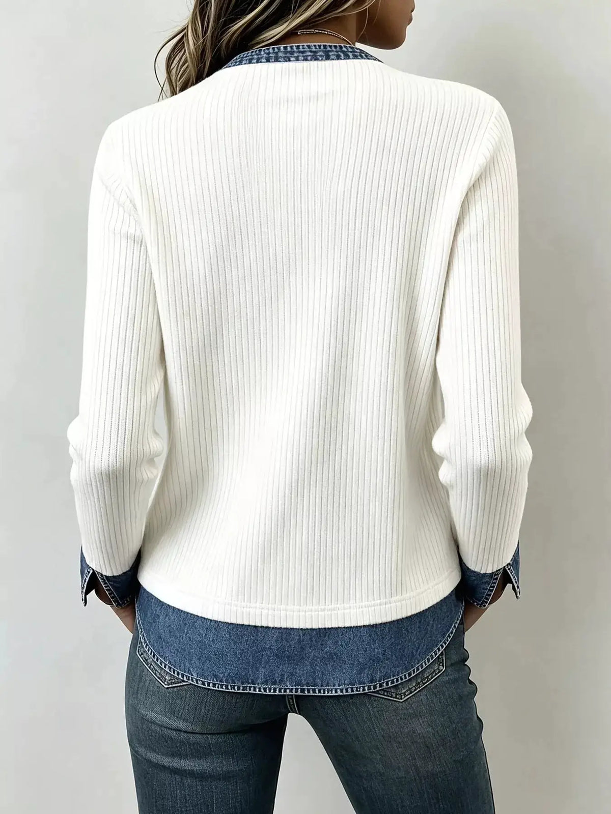 Denim Trim V-Neck Ribbed Knit Top by Trendsi