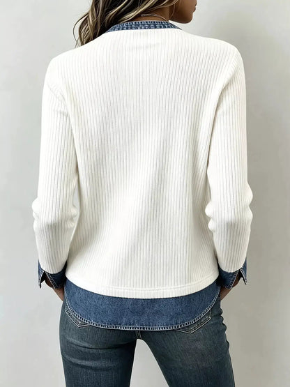 Denim Trim V-Neck Ribbed Knit Top by Trendsi