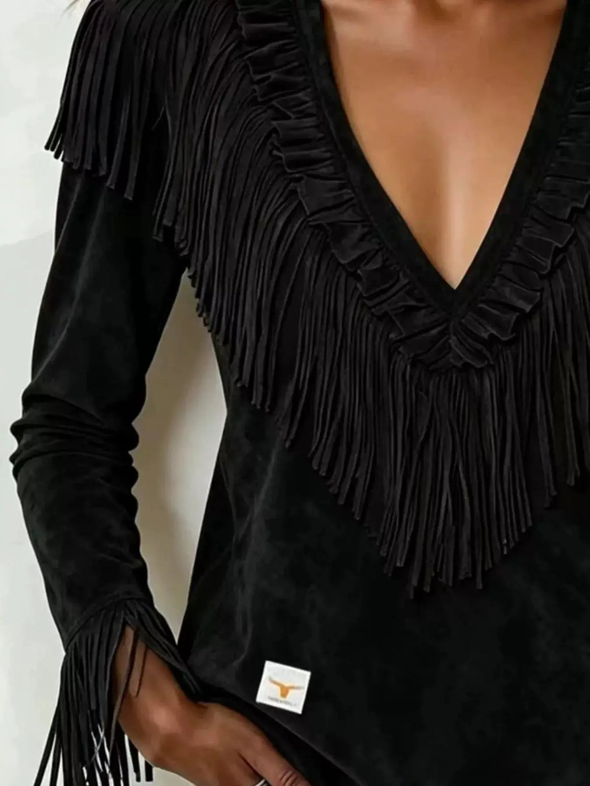 Fringed V-Neck Blouse by Trendsi