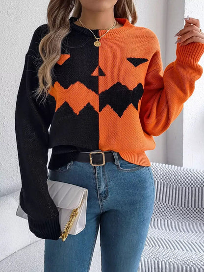 Pumpkin Face Graphic Two Tone Sweater by Trendsi