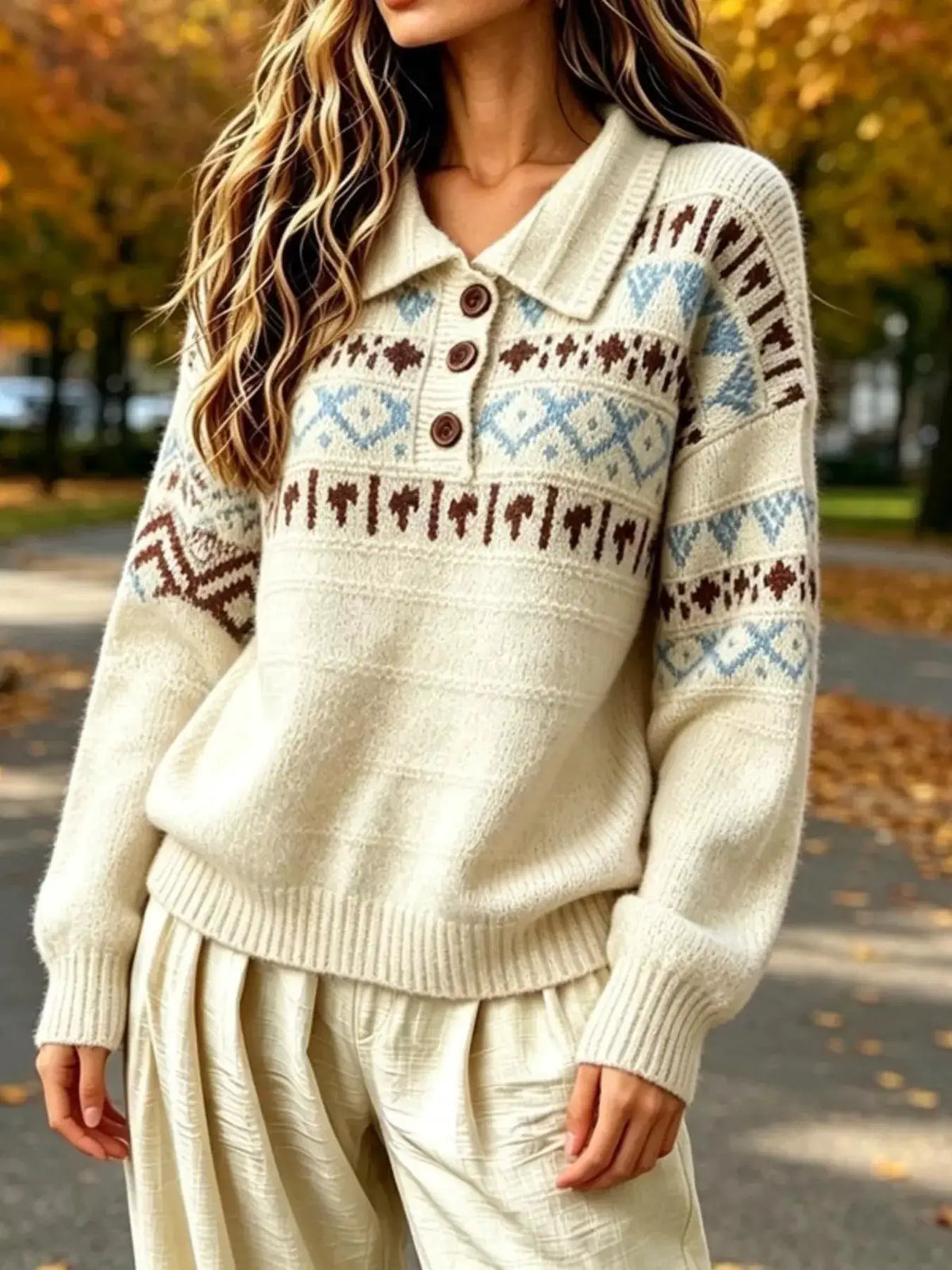 Full Size Vintage Fair Isle Pattern Polo Collar Sweater Plus Size by Trendsi