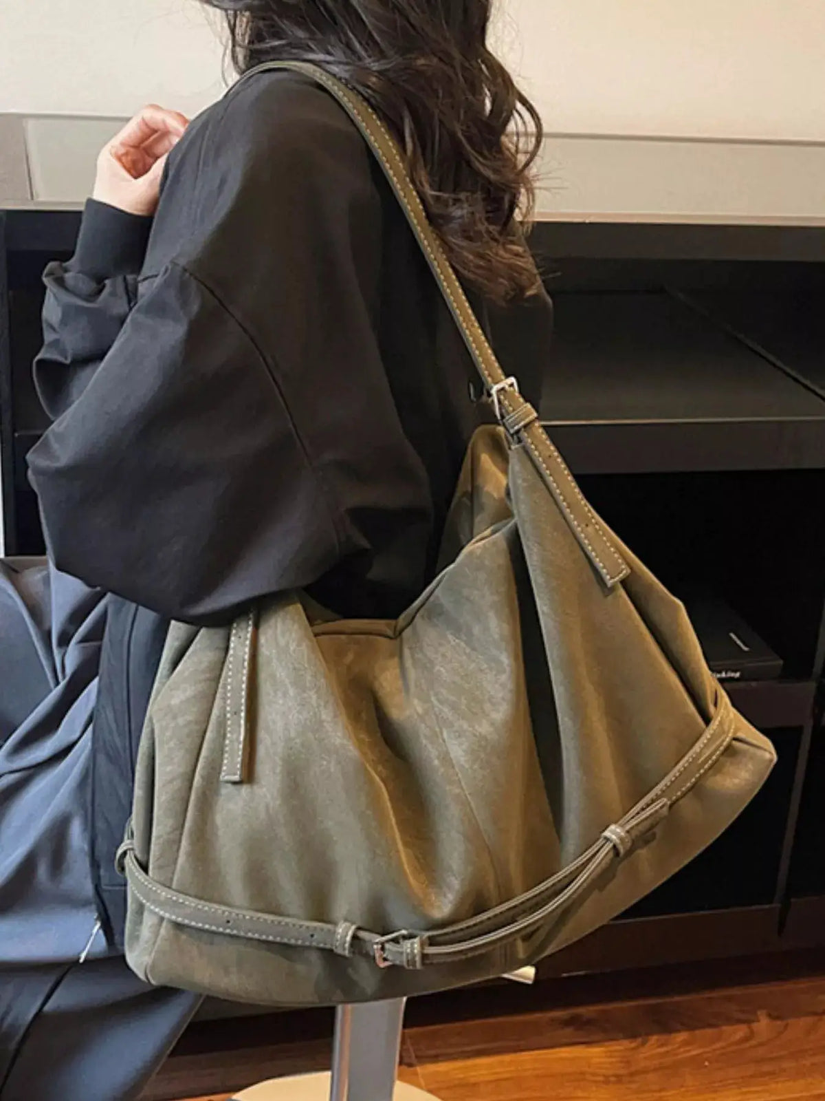 Adjustable Strap Suede Handbag by Trendsi