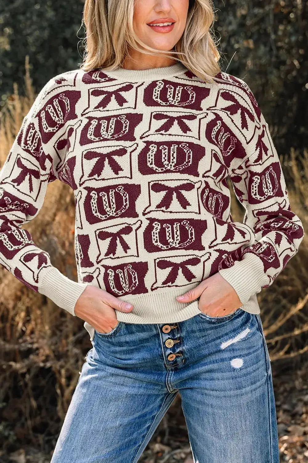 Bows & Horseshoes Pattern Western Round Neck Sweater by Trendsi