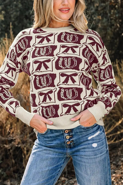 Bows & Horseshoes Pattern Western Round Neck Sweater by Trendsi