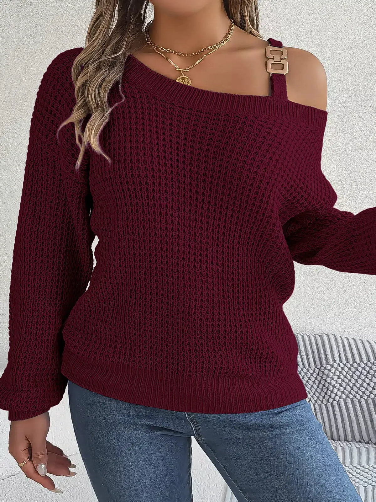 Asymmetrical Neck Long Sleeve Sweater by Trendsi