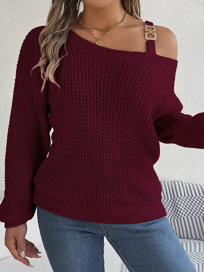 Asymmetrical Neck Long Sleeve Sweater by Trendsi
