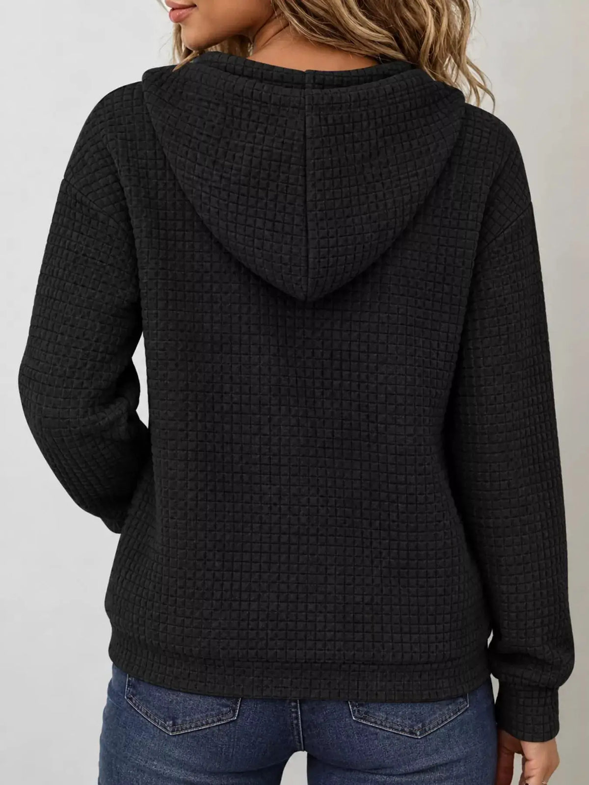 Waffle Knit Zip-Up Hoodie with Drawstring and Pockets by Trendsi