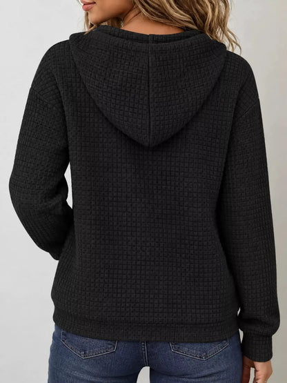 Waffle Knit Zip-Up Hoodie with Drawstring and Pockets by Trendsi