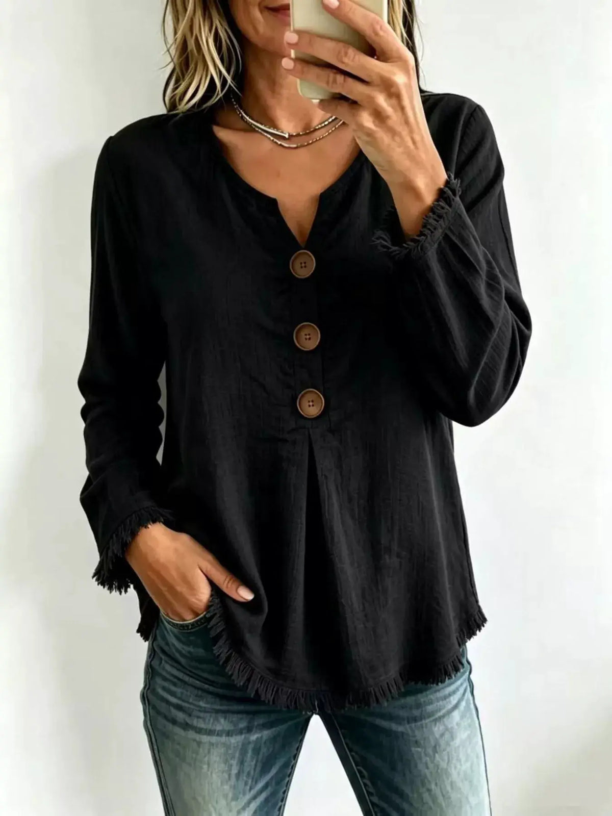 Full Size Frayed Hem Long Sleeve Blouse Plus Size by Trendsi