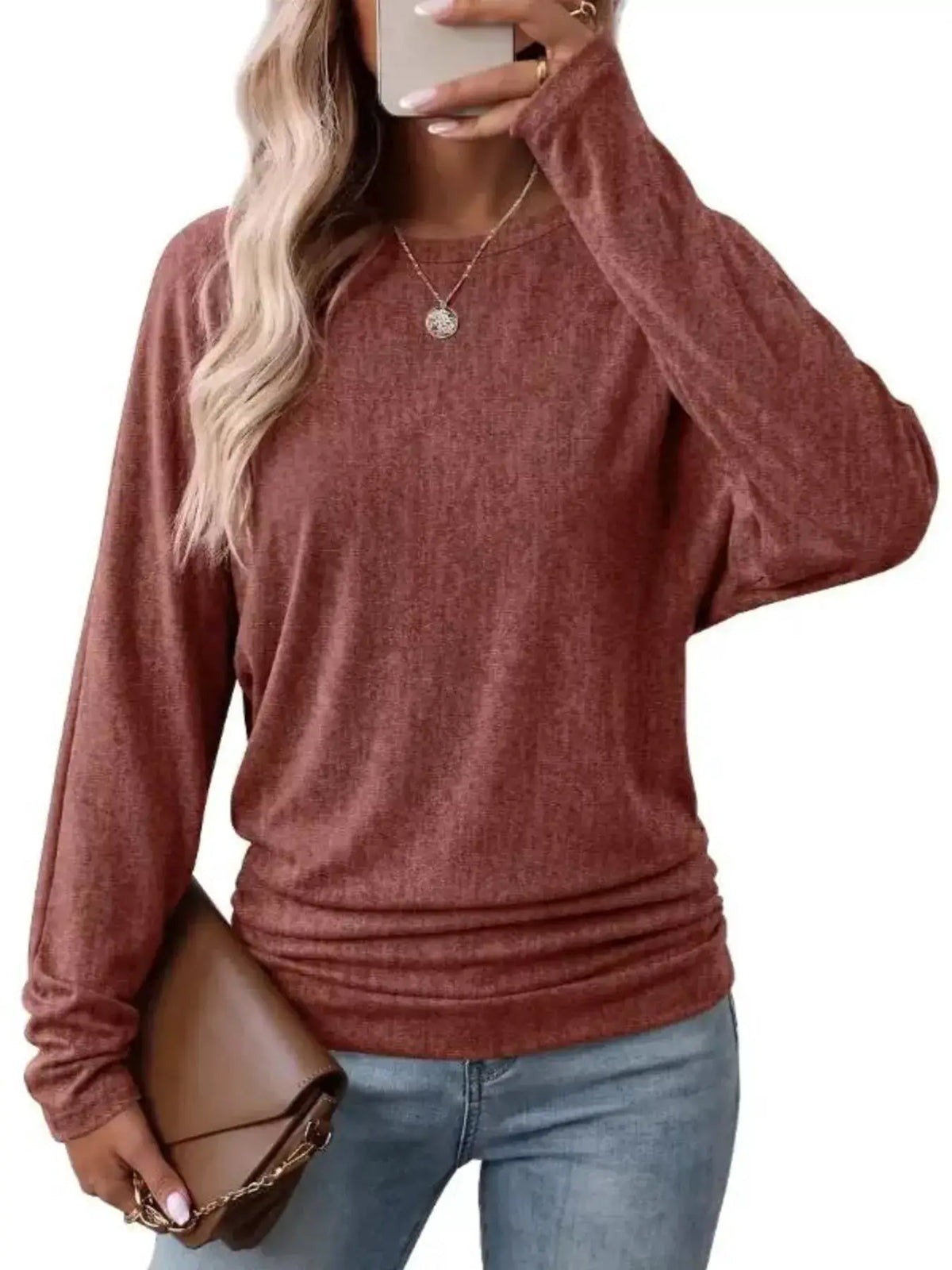 Long Sleeve Crew Neck Casual T-Shirt with Ruched Hem by Trendsi