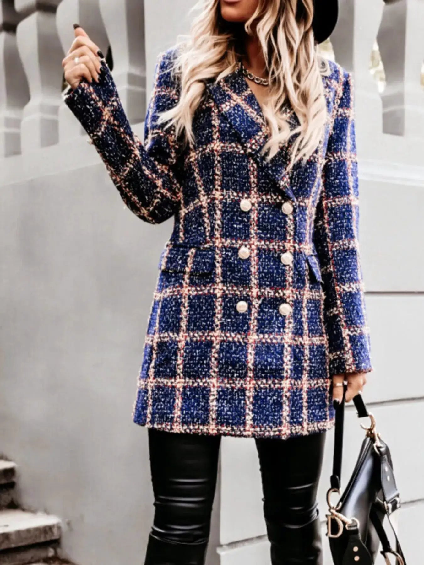 Plaid Tweed Double-Breasted Coat by Trendsi