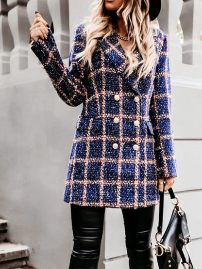 Plaid Tweed Double-Breasted Coat by Trendsi