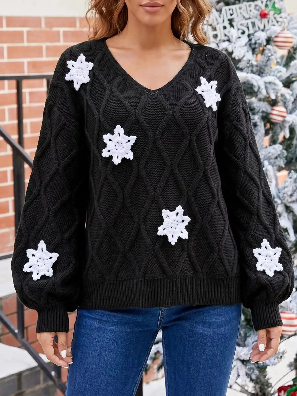 Snowflake Textured V-Neck Sweater by Trendsi