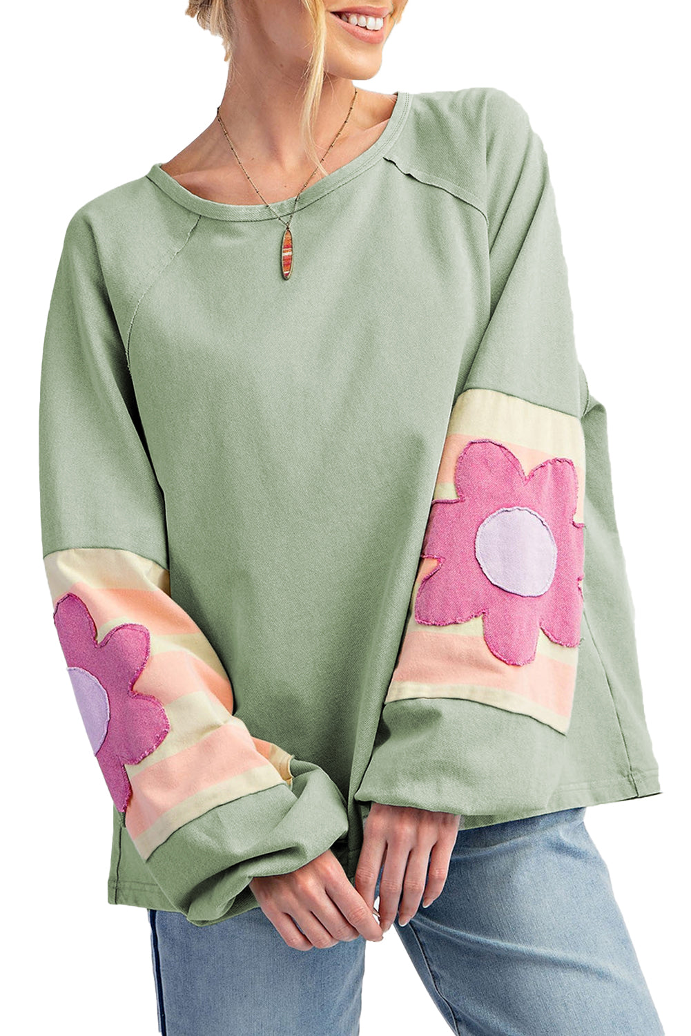 Smoke Green Flower Patchwork Raglan Sleeve Exposed Seam Oversized Top