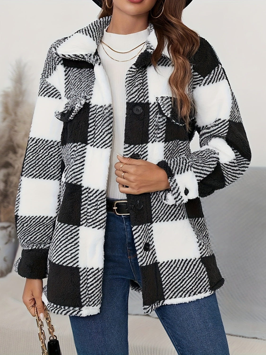 Plaid Button Up Long Sleeve Fuzzy Outerwear