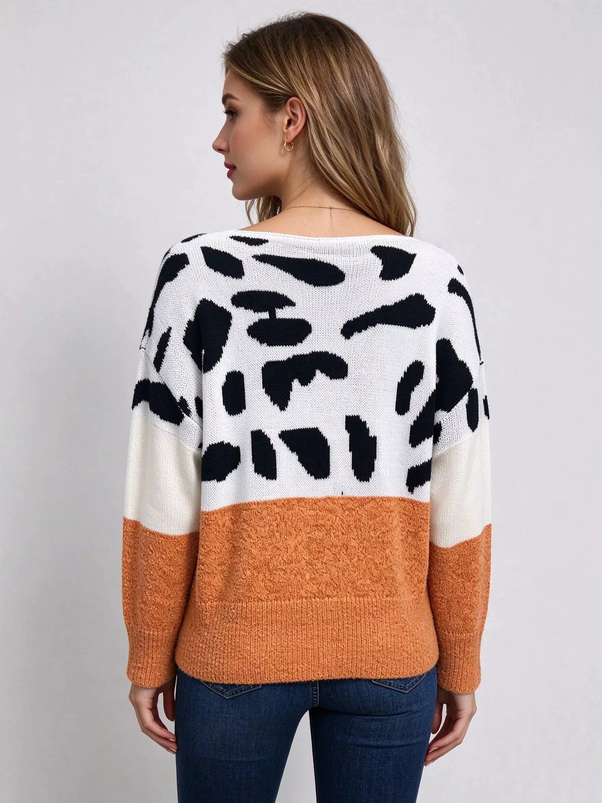 Full Size Off-Shoulder Colorblock Animal Print Sweater Plus Size by Trendsi