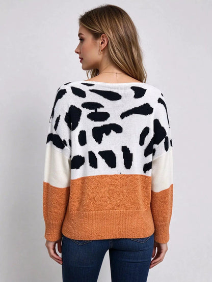 Full Size Off-Shoulder Colorblock Animal Print Sweater Plus Size by Trendsi