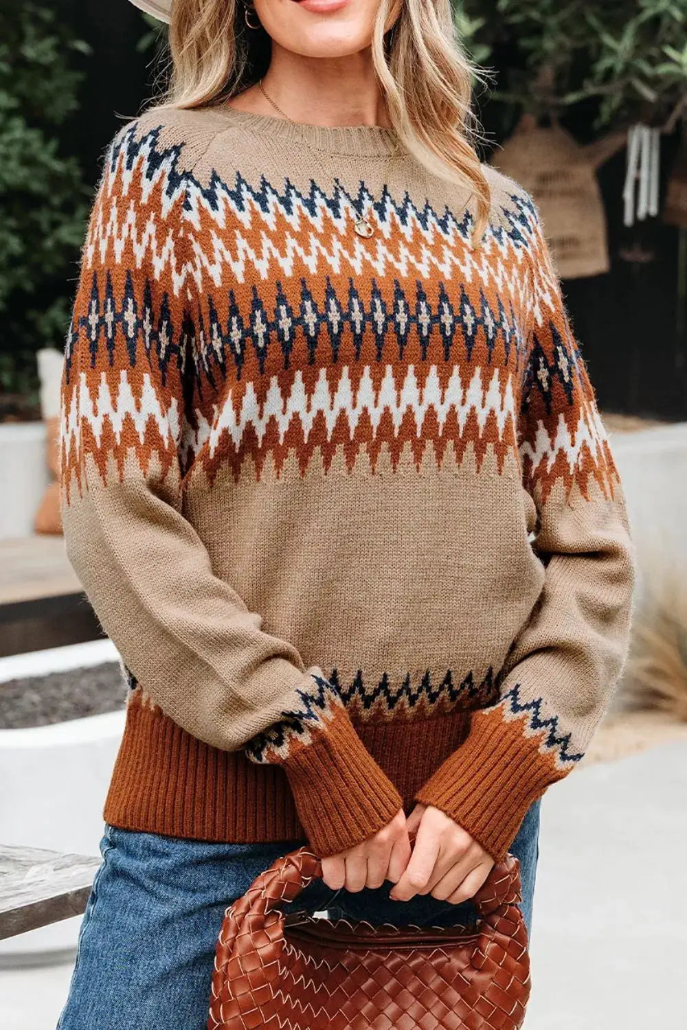 Geometric Pattern Long Sleeve Sweater by Trendsi