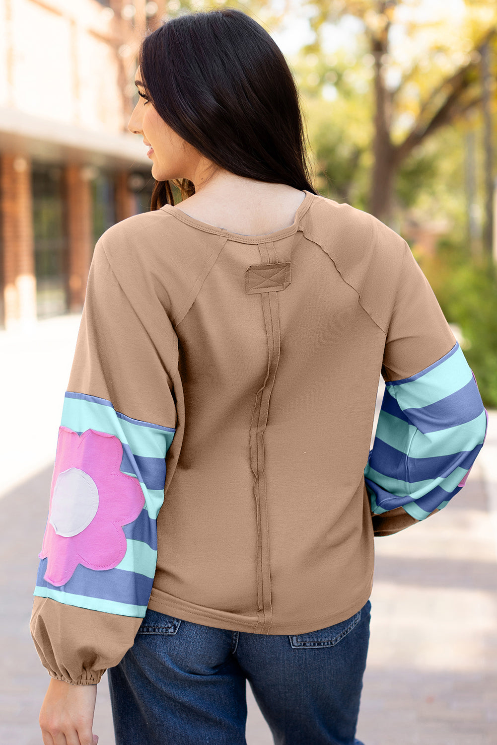 Smoke Green Flower Patchwork Raglan Sleeve Exposed Seam Oversized Top