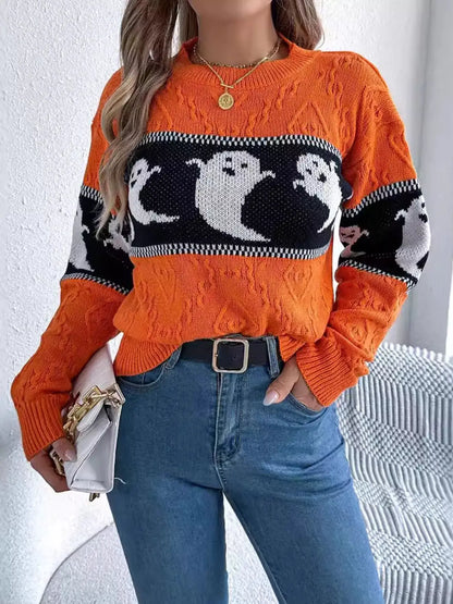 Halloween Ghost Pattern Textured Sweater by Trendsi