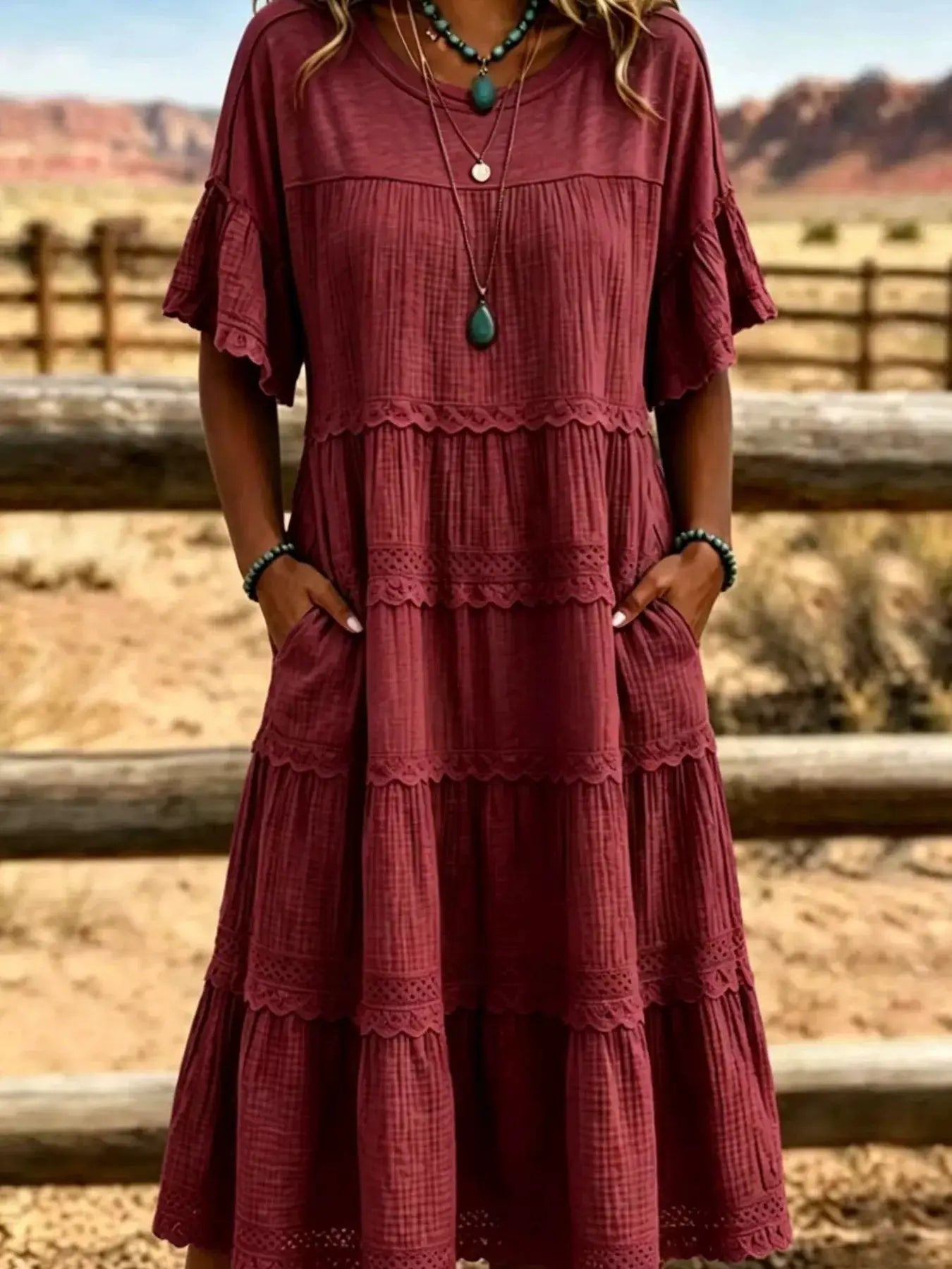 Full Size Tiered Ruffle Sleeve Midi Dress with Pockets Plus Size by Trendsi