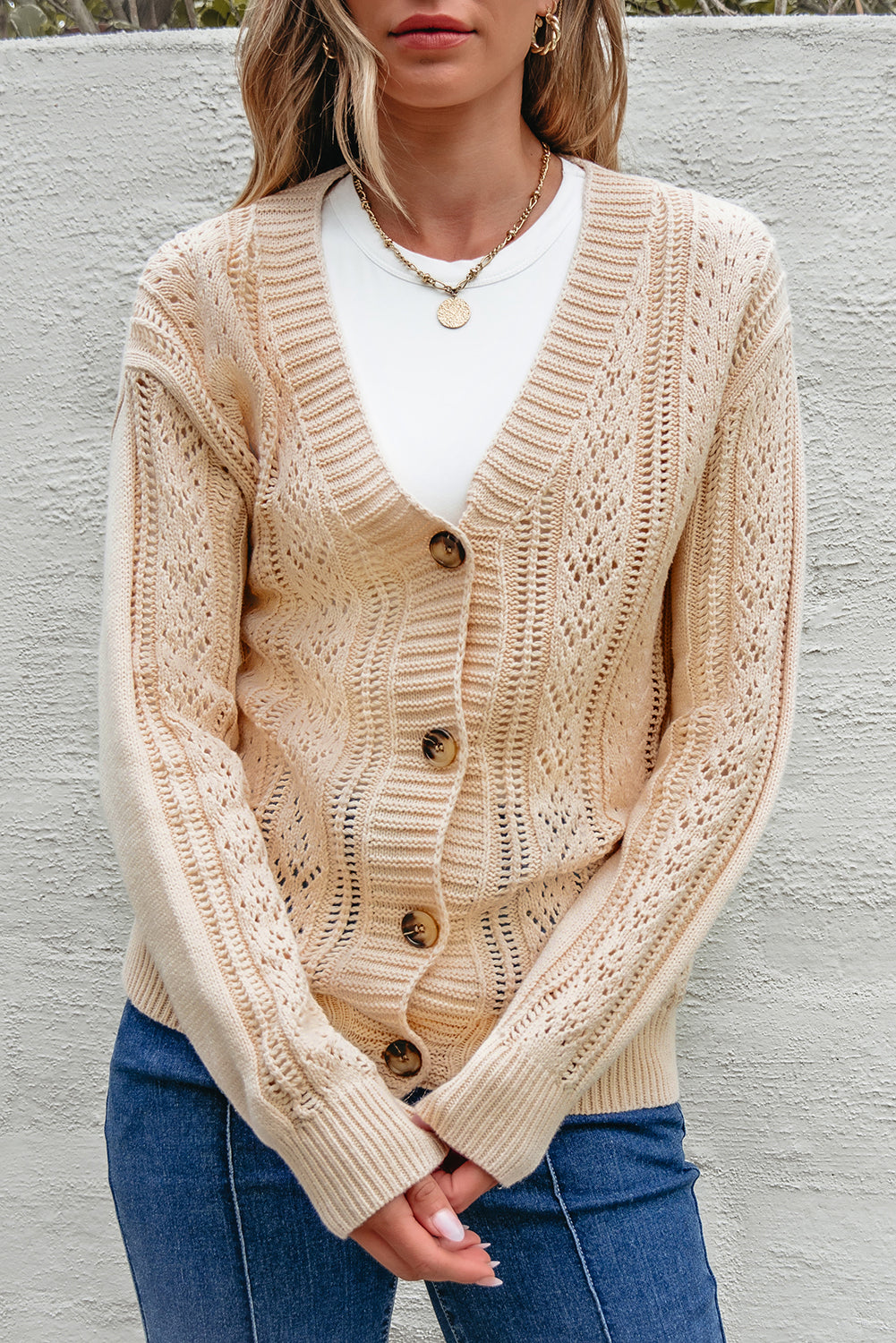 Dark Khaki Open Knit Drop Shoulder Sweater Cardigan