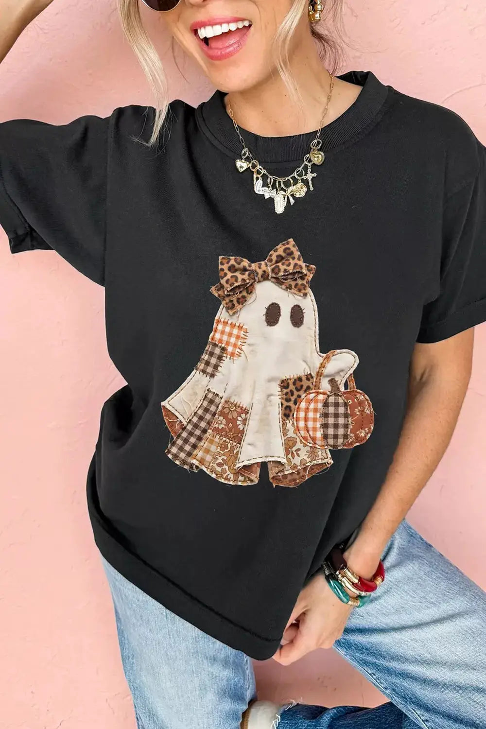 Full Size Halloween Ghost Applique Short Sleeve T-Shirt Plus Size by Trendsi